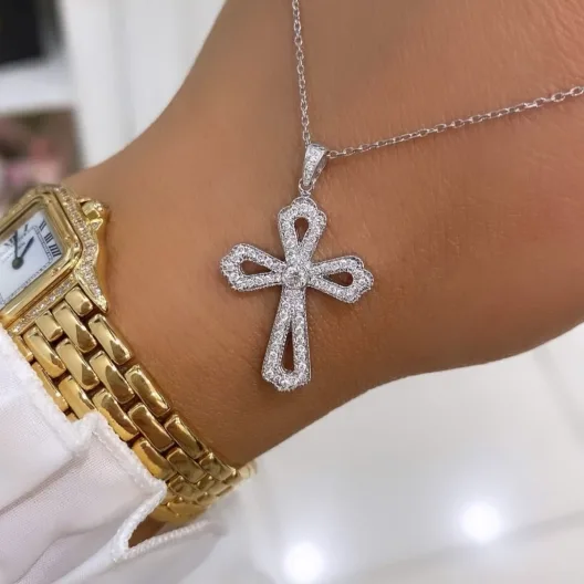Cross Necklace with Diamonds "LoopedGrace™" in white gold, photo 2