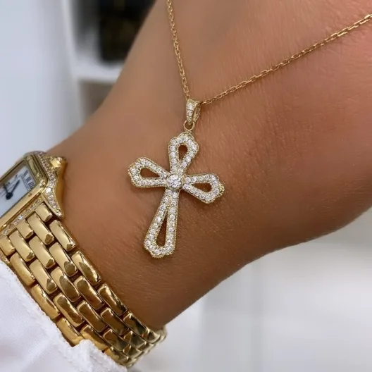 Cross necklace with diamonds "LoopedGrace™" in yellow gold, photo 2