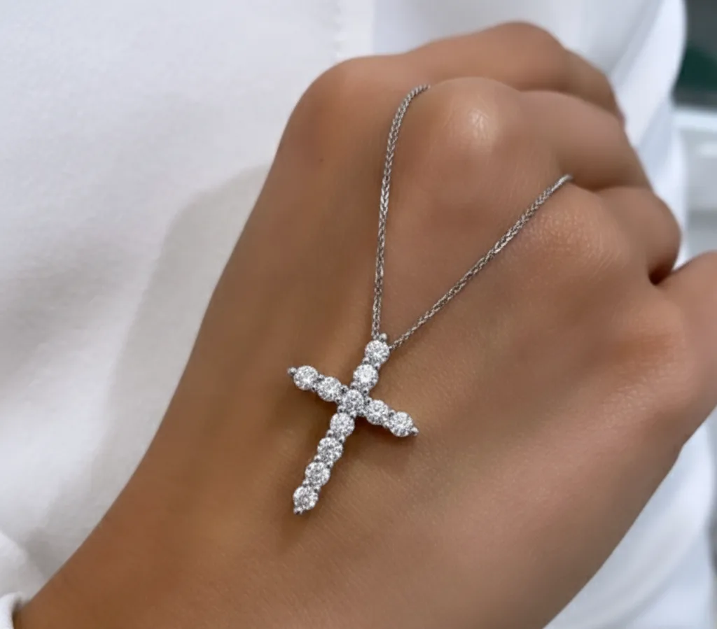 Cross necklace with diamonds "LuminaCross™" in white gold, photo 2