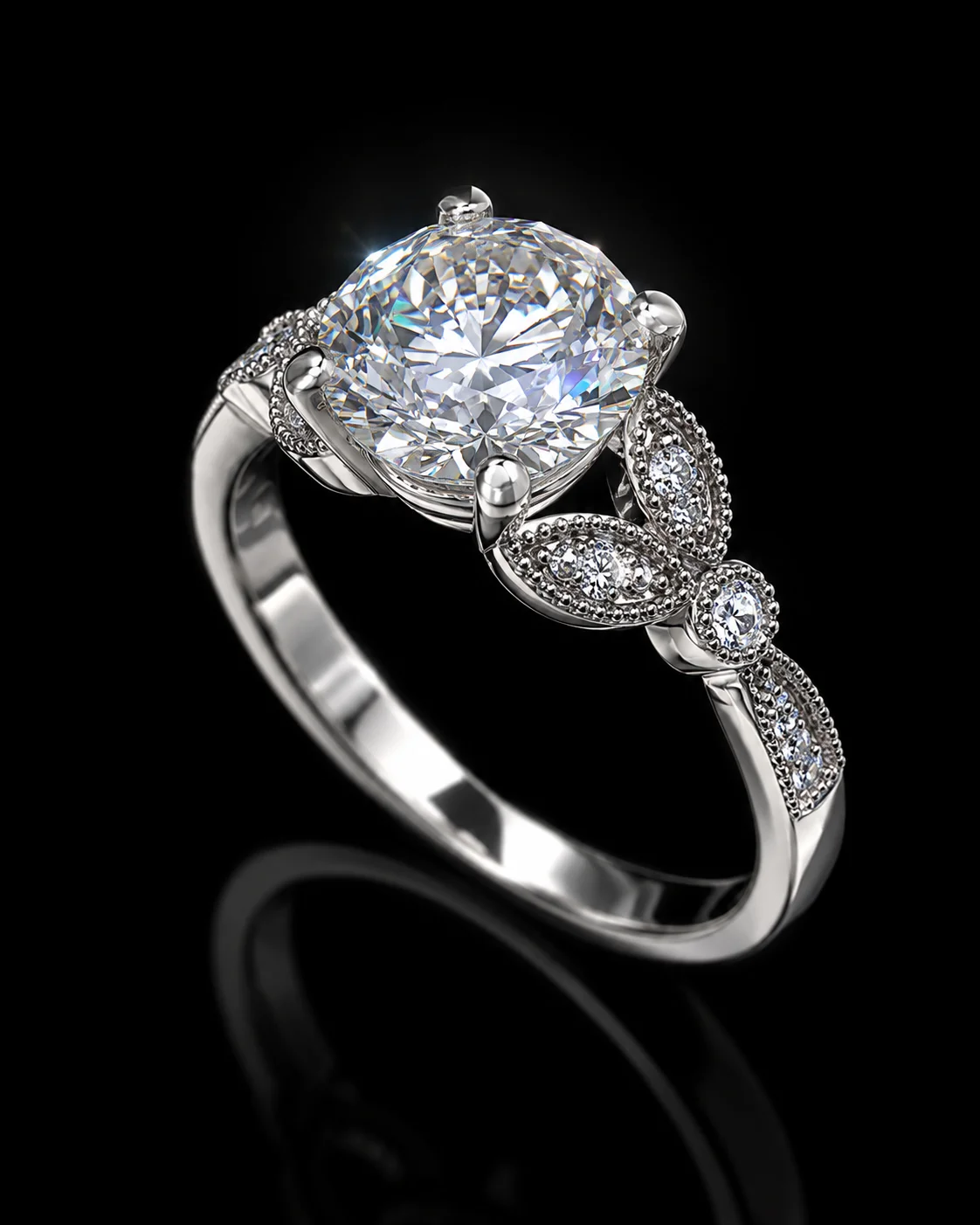 "Feuillage™" Engagement Ring in white gold, photo 4