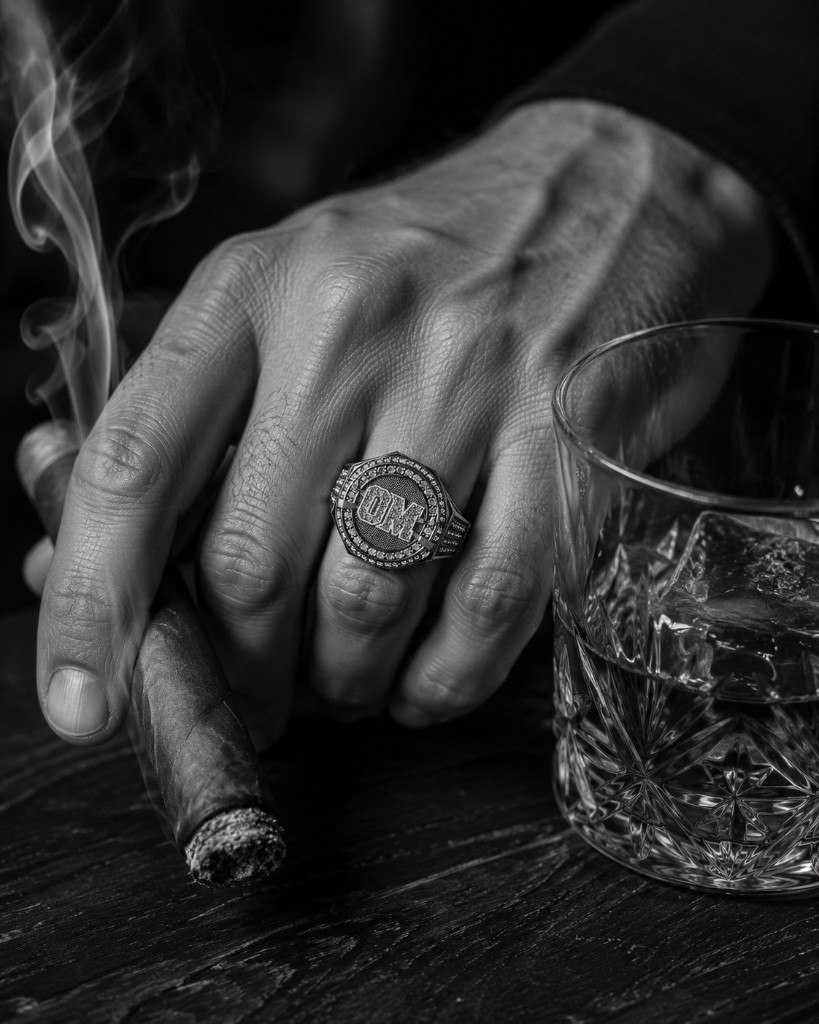Sygnet M&M GOLD × Omar Montes — dłoń przy szklance whisky